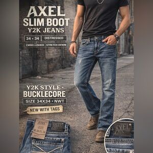 Axel Slim Boot Jeans 34x34 NWT Distressed Y2K Embroidered Pocket Stretch Denim